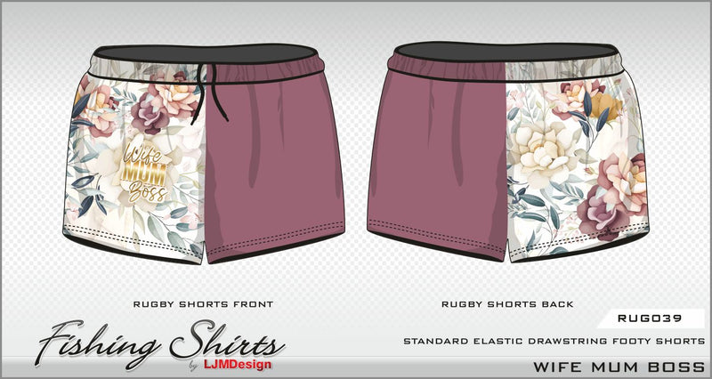 ★Pre-Order★ Rugby Shorts | Wife Mum Boss Marble Floral Shorts LJM Designs camping FISHING in stock ladies Ladies Fishing LJM quick dry spo-default spo-disabled sun sun shirt sun shirts sunsafe SWIMMING uv Women WOMEN'S DESIGNS Women's Fishing womens z&tee