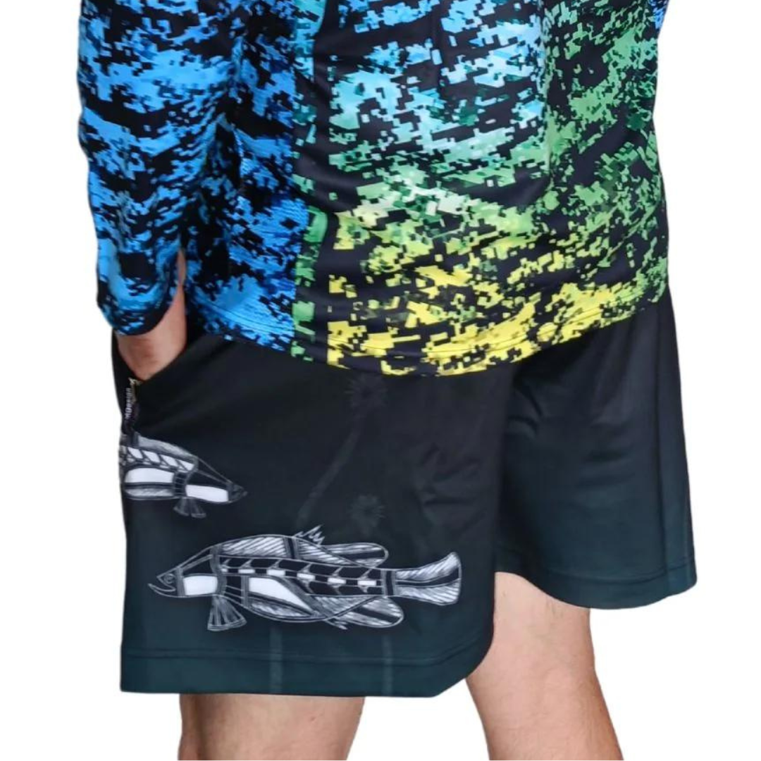 ★Pre-Order★ Rugby Shorts | Indigenous Waterhole Barramundi Black Z and TEE Aussie AUSSIE FLAG Australia Australia Day Australian Australian Camping OG Australiana blue camping DAD FATHER'S DAY FISH DESIGNS FISHING HIM ALL LJM men MEN'S DESIGNS mens MEN’S DESIGNS quick dry spo-default spo-disabled sun sunsafe SWIMMING uv z&tee