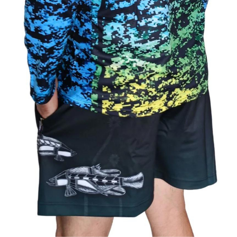 ★Pre-Order★ Rugby Shorts | Indigenous Waterhole Barramundi Black Shorts LJM Designs Aussie AUSSIE FLAG Australia Australia Day Australian Australian Camping OG Australiana blue camping DAD FATHER'S DAY FISHING HIM ALL in stock LJM men MEN'S DESIGNS mens MEN’S DESIGNS quick dry spo-default spo-disabled sun sun shirt sun shirts sunsafe SWIMMING uv z&tee