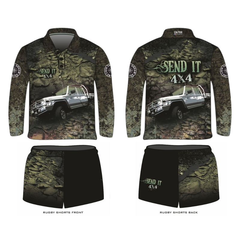 ★Pre-Order★ Rugby Shorts | Send It 4x4 Khaki LJM Designs 4wd 4x4 4X4 DESIGNS camping FISHING in stock LJM men MEN'S DESIGNS mens MEN’S DESIGNS quick dry spo-default spo-disabled sun sun shirt sun shirts sunsafe SWIMMING uv z&tee