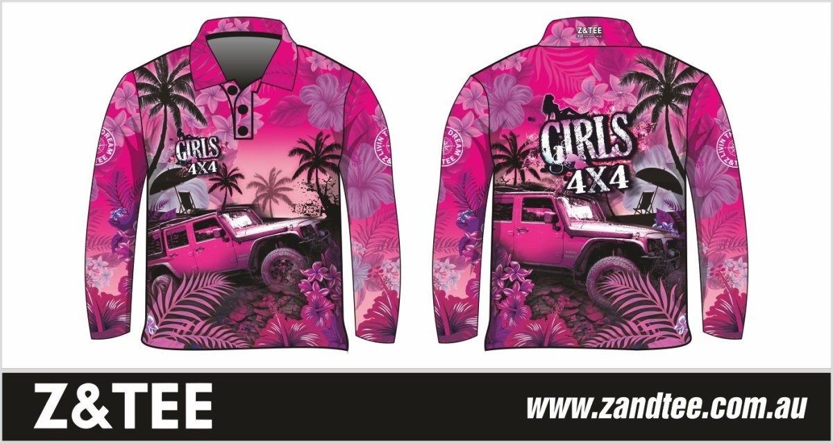 Pre-Order 4x4 Designs | Tropical Pink Girls 4x4 | Fishing Shirt Z and TEE 4wd 4x4 4X4 DESIGNS camping cape fishing FLORAL girl girls GIRLS DESIGNS KIDS LJM Preorder quick dry spo-default spo-disabled sun sun shirt sun shirts sunsafe tip travel uv WOMEN'S DESIGNS womens