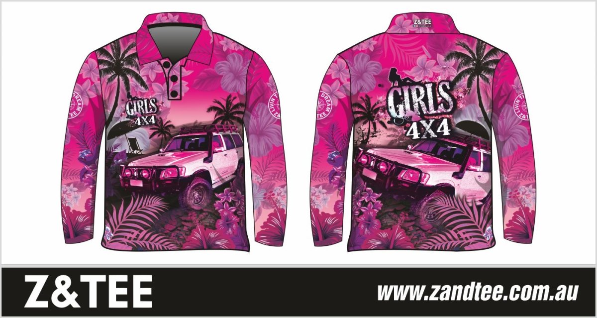 Pre-Order 4x4 Designs | Tropical Pink Girls 4x4 | Fishing Shirt Z and TEE 4wd 4x4 4X4 DESIGNS camping cape fishing FLORAL girl girls GIRLS DESIGNS KIDS LJM Preorder quick dry spo-default spo-disabled sun sun shirt sun shirts sunsafe tip travel uv WOMEN'S DESIGNS womens