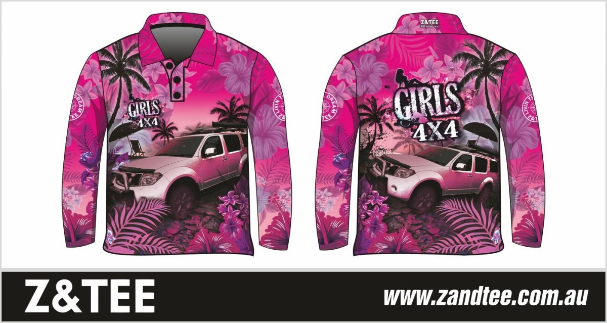 Pre-Order 4x4 Designs | Tropical Pink Girls 4x4 | Fishing Shirt Z and TEE 4wd 4x4 4X4 DESIGNS camping cape fishing FLORAL girl girls GIRLS DESIGNS KIDS LJM Preorder quick dry spo-default spo-disabled sun sun shirt sun shirts sunsafe tip travel uv WOMEN'S DESIGNS womens