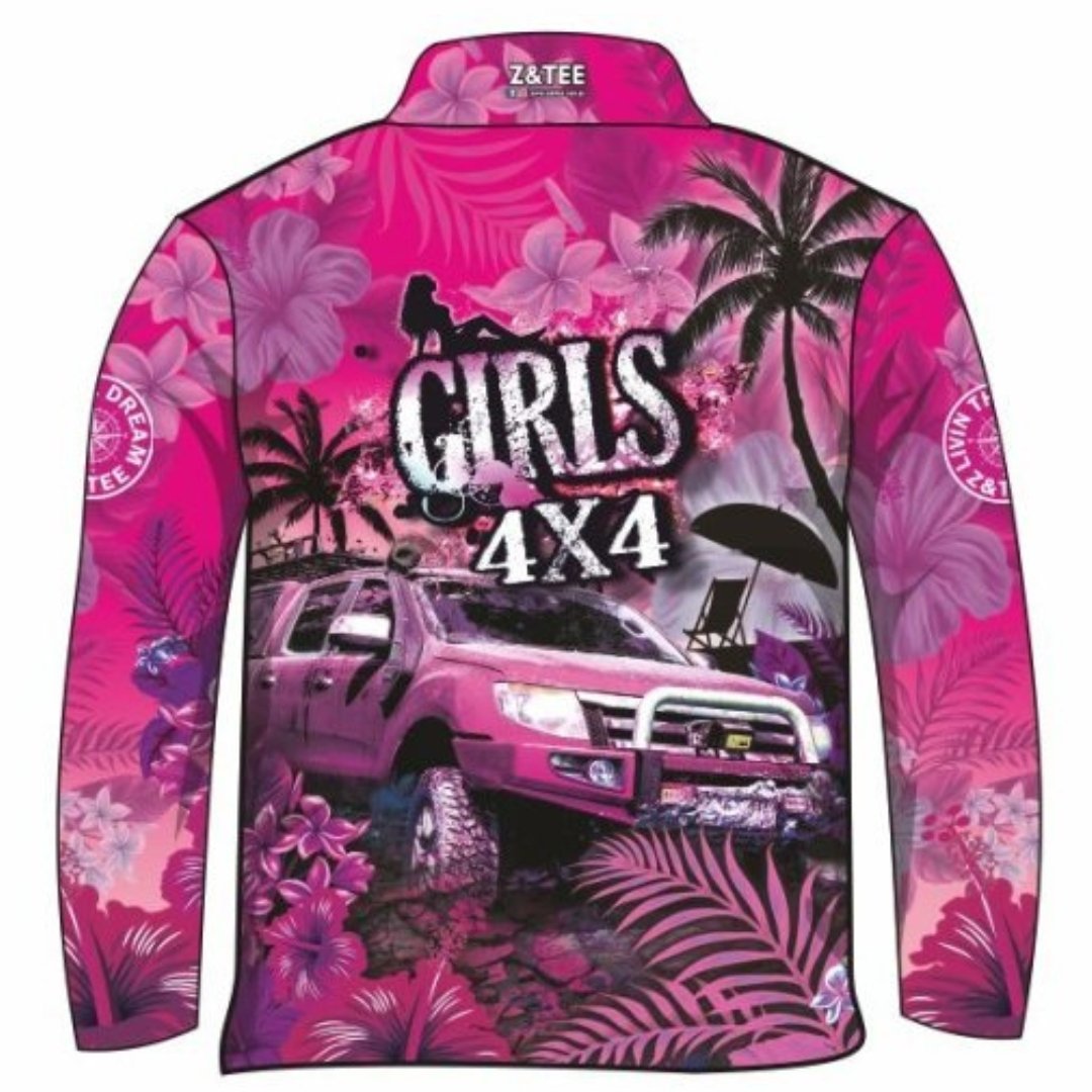 Pre-Order 4x4 Designs | Tropical Pink Girls 4x4 | Fishing Shirt Z and TEE 4wd 4x4 4X4 DESIGNS camping cape fishing FLORAL girl girls GIRLS DESIGNS KIDS LJM Preorder quick dry spo-default spo-disabled sun sun shirt sun shirts sunsafe tip travel uv WOMEN'S DESIGNS womens