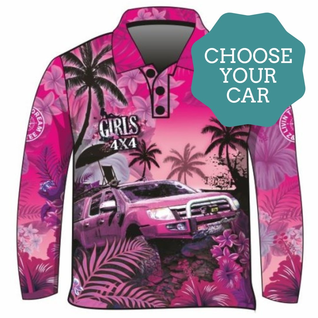 Pre-Order 4x4 Designs | Tropical Pink Girls 4x4 | Fishing Shirt Z and TEE 4wd 4x4 4X4 DESIGNS camping cape fishing FLORAL girl girls GIRLS DESIGNS KIDS LJM Preorder quick dry spo-default spo-disabled sun sun shirt sun shirts sunsafe tip travel uv WOMEN'S DESIGNS womens