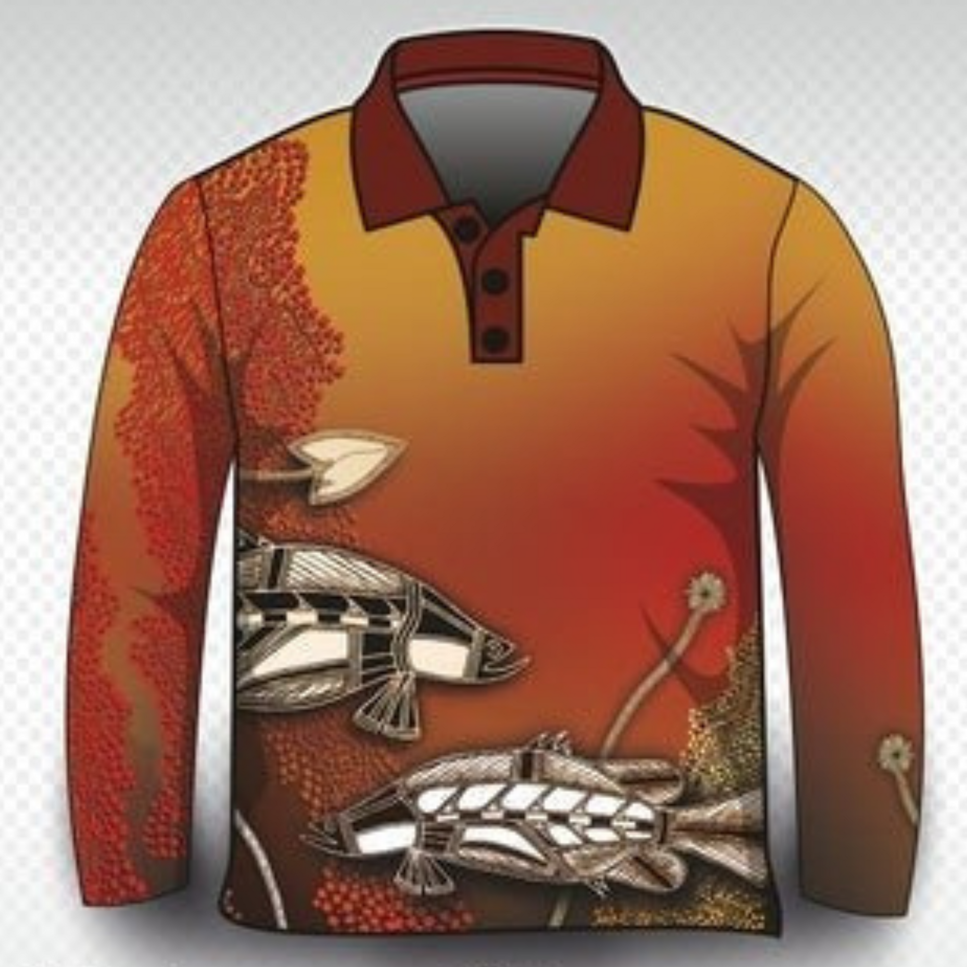 ★Pre-Order★ Indigenous | Waterhole Barramundi Ochre Fishing Shirt Z and TEE Australia camping FIRST NATIONS DESIGNS fishing LJM men mens Preorder quick dry spo-default spo-disabled sun sun shirt sun shirts sunsafe uv