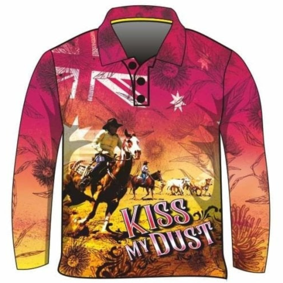 ★Pre-Order★ Western | Kiss My Dust Australia Fishing Shirt Z and TEE Australia Australia Day Australian camping COUNTRY WESTERN DESIGNS fishing KIDS LJM men Preorder quick dry spo-default spo-disabled sun sun shirt sun shirts sunsafe uv WOMEN'S DESIGNS womens