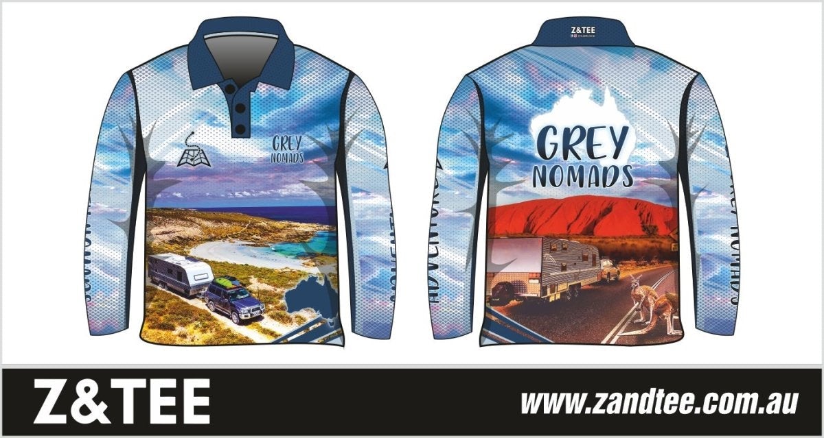 Camping & Caravan | Grey Nomads Caravan Shirt Z and TEE Australia Australia Day Australian Australiana BUY2SHIRTS camping CAMPING AND CARAVAN DESIGNS camping shirt DAD In Stock lastchance LJM men offroad quick dry spo-default spo-disabled sun sun shirt sun shirts sunsafe uv z&tee