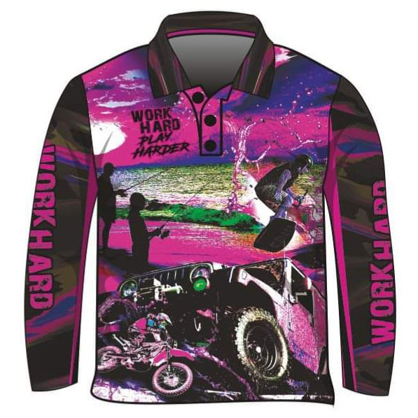 ★Pre-Order★ Extreme - Work Hard Play Harder Pink Purple Fishing Shirt Z and TEE camping fishing GIRLS DESIGNS LJM Preorder quick dry spo-default spo-disabled sun sun shirt sun shirts sunsafe uv Women womens xtreme