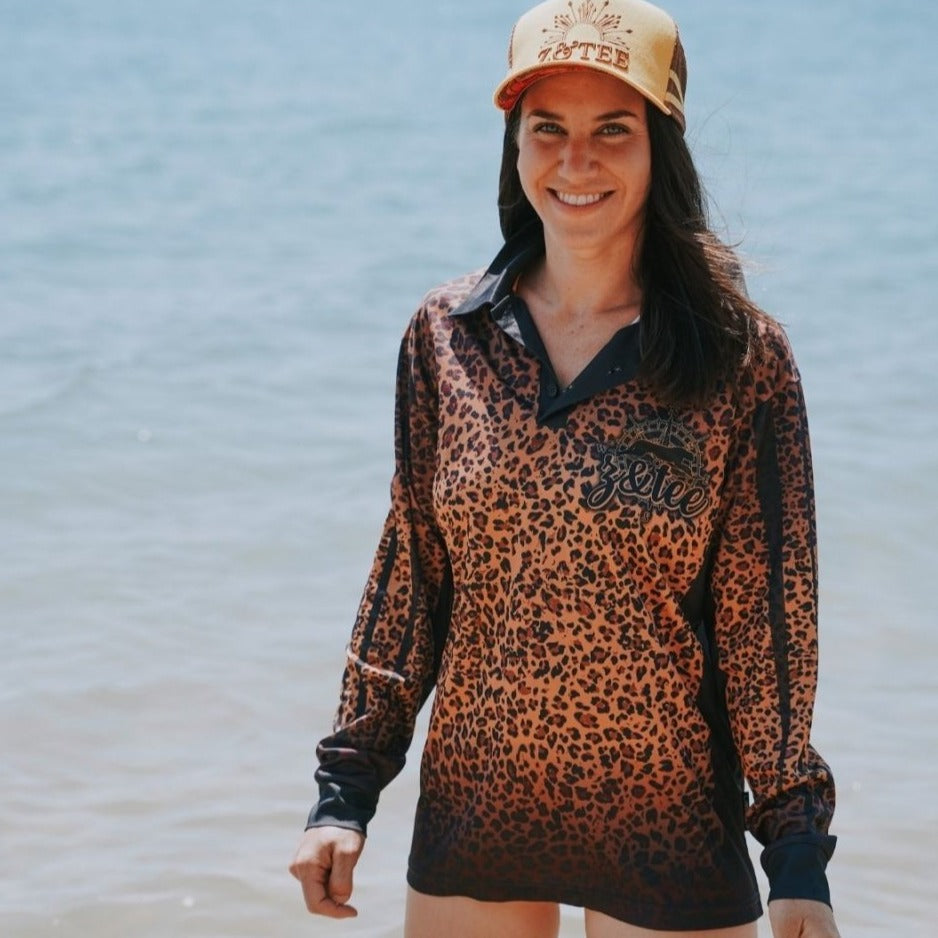 Wild Side Leopard Short or Long Sleeve Sun Shirt Z and TEE HER ALL In Stock ladies leopard leopard print LJM market sts matching dress PATTERN AND PLAIN DESIGNS quick dry spo-default spo-disabled STS sun sun shirt sun shirts sunsafe uv Women WOMEN'S DESIGNS Women's Fishing Women's Fishing Shirt womens